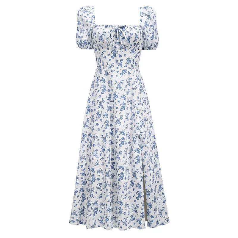 Vestido de verano 2026 estilo europeo y americano con cuello cuadrado, mangas abullonadas, estampado floral francés, con ballenas y falda amplia – Perfecto para vacaciones o hora del té. Color de la imagen imagen 1
