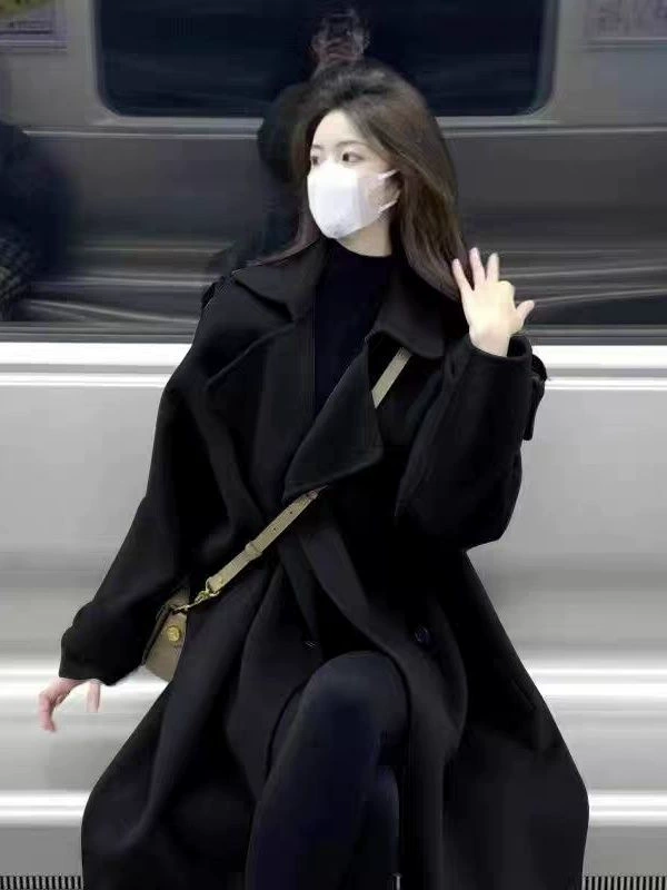 Abrigo de lana gris para mujer, nueva colección otoño-invierno 2026. Prenda exterior de lana con diseño distintivo, ideal para tallas pequeñas. Estilo coreano, estilo Hepburn, con forro grueso. negro imagen 1
