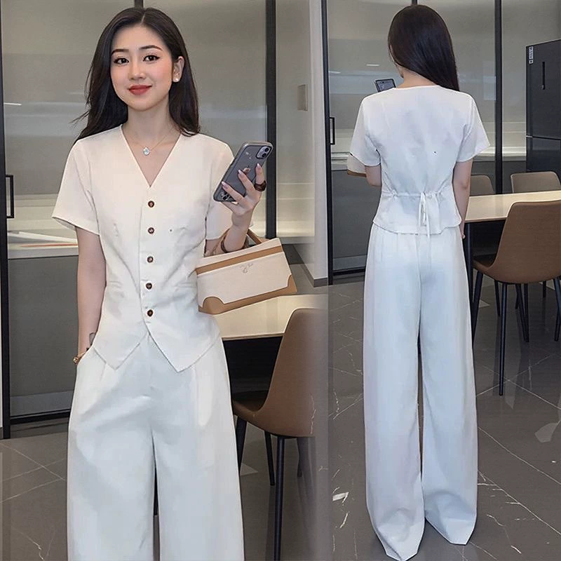 Traje de chaleco para mujer, estilo francés elegante, estilo "old money", conjunto de dos piezas de pantalón largo de pierna ancha de lino Tencel, elegante y de verano para mujer. Traje corto de manga corta color hueso DX imagen 1