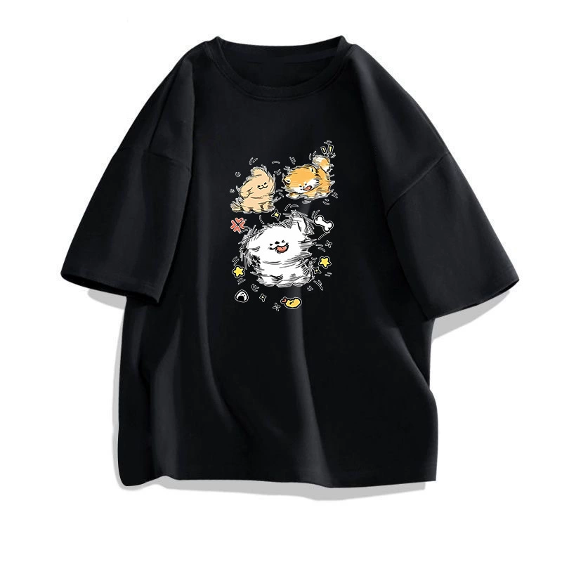 Camiseta de manga corta de algodón de Xinjiang directa de fábrica para hombre, camiseta de marca de moda de verano de corte holgado de cinco mangas para parejas, top estampado minimalista. [Mangas cortas de algodón peinado] Tres cachorros negros imagen 1