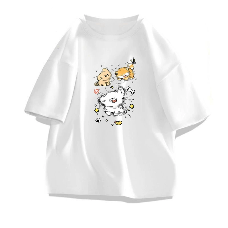 Camiseta de manga corta de algodón de Xinjiang directa de fábrica para hombre, camiseta de marca de moda de verano de corte holgado de cinco mangas para parejas, top estampado minimalista. [Manga corta de algodón de Xinjiang] Tres cachorros blancos imagen 1