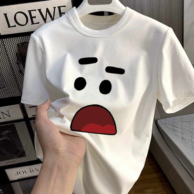 Hong Kong wind ins impreso camiseta de seda helada con cuello redondo camiseta de manga corta para hombres y mujeres casuales de todo fósforo Seda de hielo manga corta blanco sorprendido imagen 1