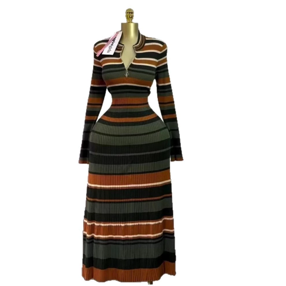 Comercio exterior transfronterizo, vestido de punto de talla grande recto de color de contraste coreano, vestido de suéter largo, rayas holgadas y perezosas Color de la imagen imagen 1