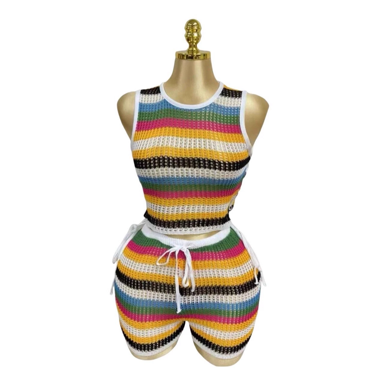 Transfronterizo eleganteContraste ColorStripesCorte con cordónChaleco de cintura alta Cubierta de caderaPantalones cortosTejido Traje de vacaciones en la playa Color de la imagen imagen 1