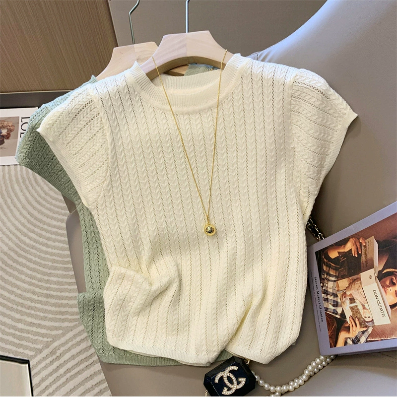 Jersey de punto de cuello redondo hueco elegante francés de manga corta para mujer 2025 verano nuevo suave y súper hermoso top de fondo ligero Albaricoque imagen 1