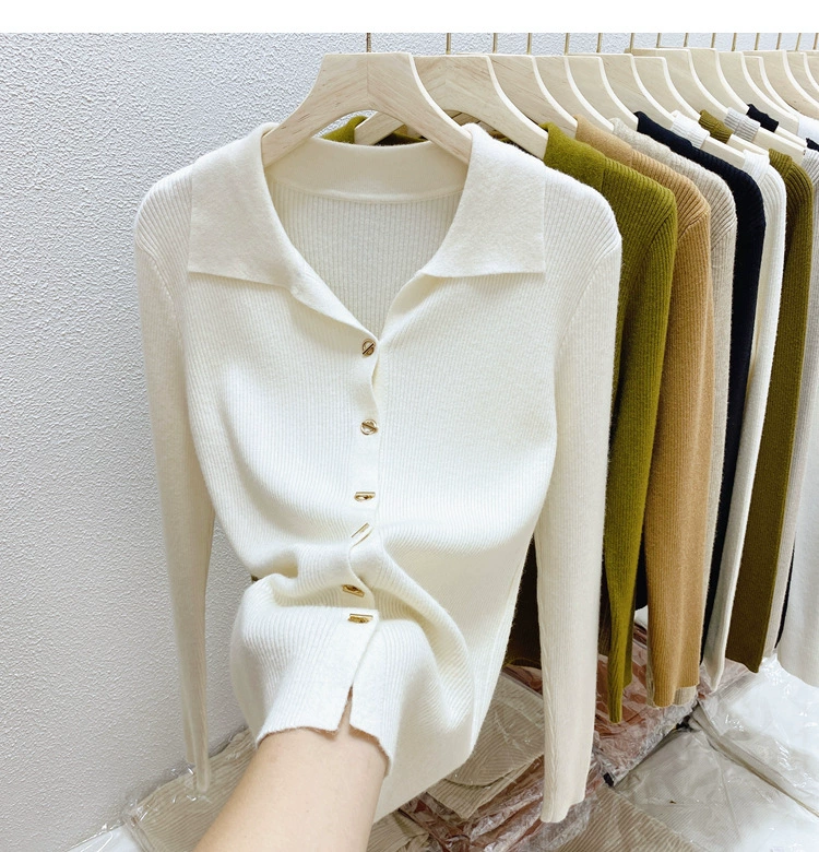 Camisa básica con cuello polo para mujer, primavera y otoño, diseño ajustado, suéter tipo cárdigan, top de punto, top de principios de primavera para ir al trabajo. Blanco imagen 1