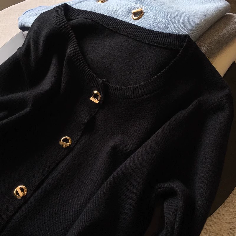 Hilo hilado Nuevo estilo Tweed francésCamisa de punto Cárdigan de mujer con cuello redondo CortoSuéterPrendas de vestirTops negro imagen 1