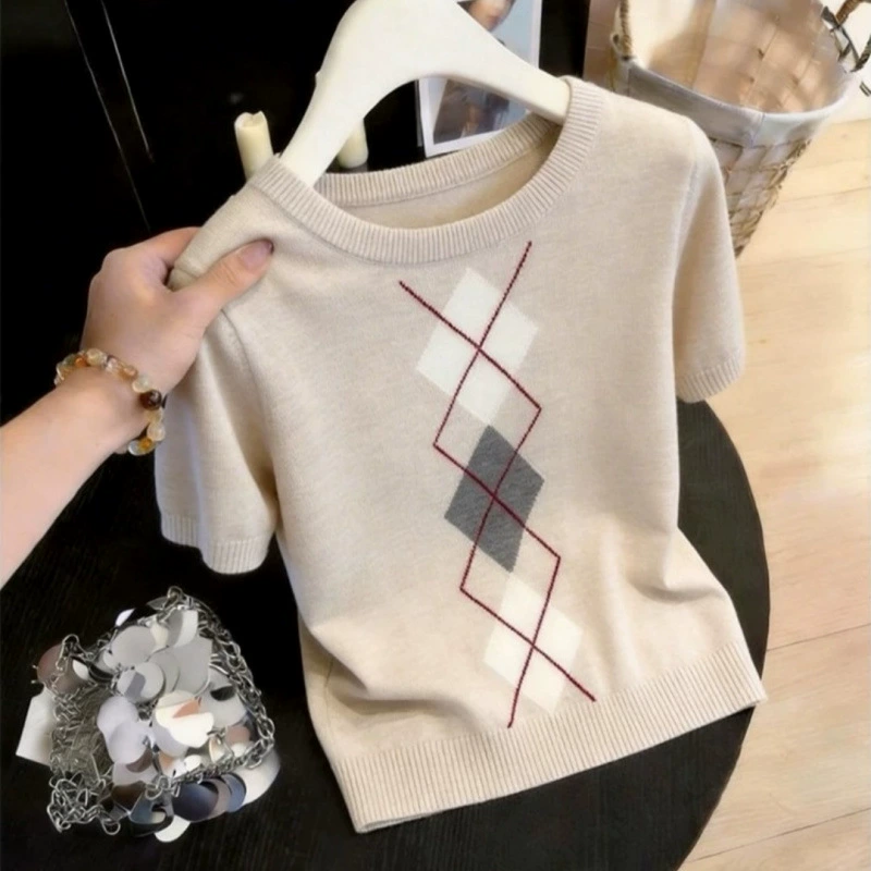 Top de punto de manga corta con diseño de rombos y bloques de color francés - Top de diseño adelgazante de talla grande para mujer Primavera/Verano 2026 albaricoque imagen 1