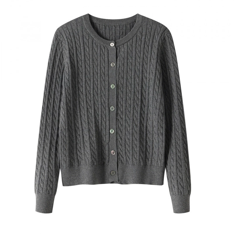 Cárdigan de mujer, cuello redondo, manga larga, corto, otoño-invierno 2026, nueva colección, corte holgado, efecto adelgazante, punto trenzado, suéter. gris imagen 1
