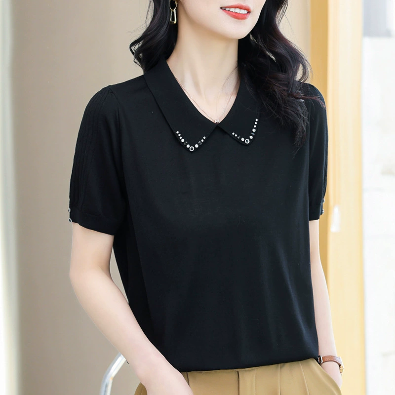 Novedades de verano 2025: Top de seda helada con cuentas, camiseta de manga corta holgada con cuello polo, cárdigan de punto elegante para mamás, ligero. negro imagen 1