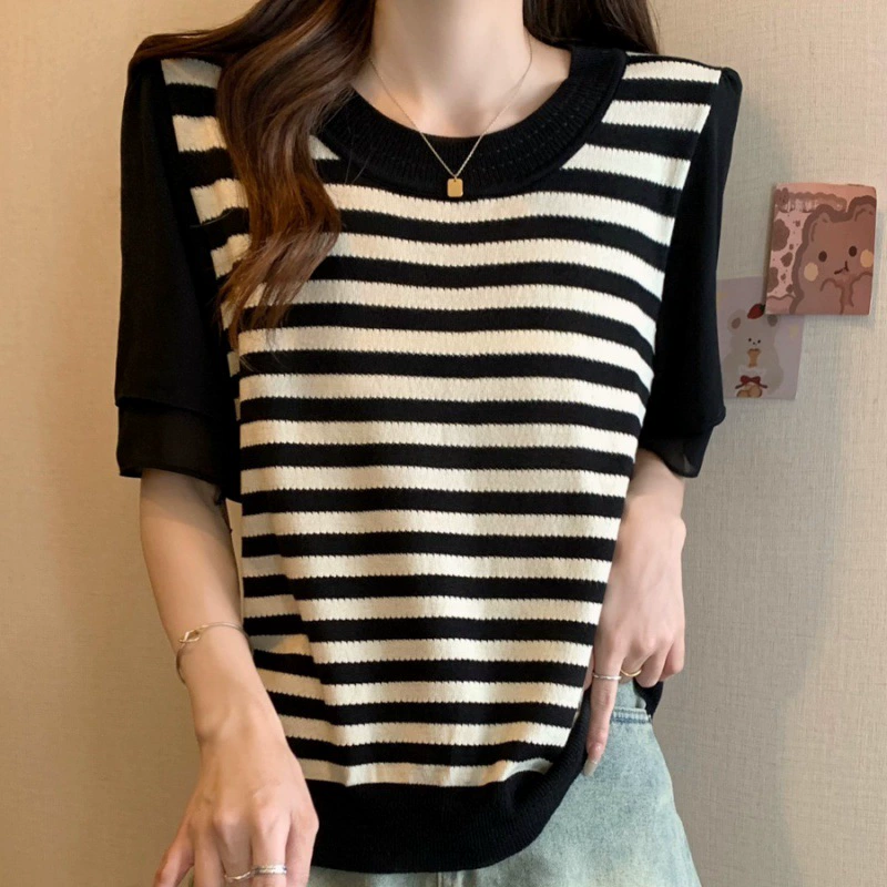 Top de verano a rayas de manga corta para mujer, nueva colección 2024, tallas grandes, control de abdomen, camiseta de gasa adelgazante, top de manga corta con bloques de color. negro imagen 1