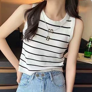 Chaleco de rayas cortas de cintura alta de estilo de chica caliente pura mujer 2023 verano nuevo estilo delgado interior sin mangas superior Rayas blancas imagen 1