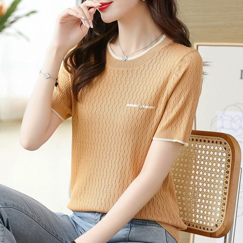 Camiseta de manga corta de seda de hielo de verano para mujer suéter delgado de media manga con cuello redondo estilo occidental que adelgaza la camisa de fondo Naranja imagen 1