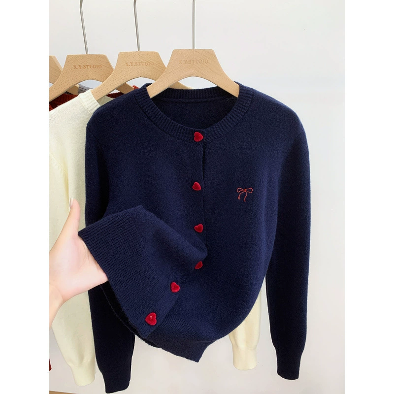 Cárdigan de punto de manga larga con lazo bordado para mujer, otoño/invierno 2025, camiseta base de capa interior, suéter, top corto Azul marino imagen 1