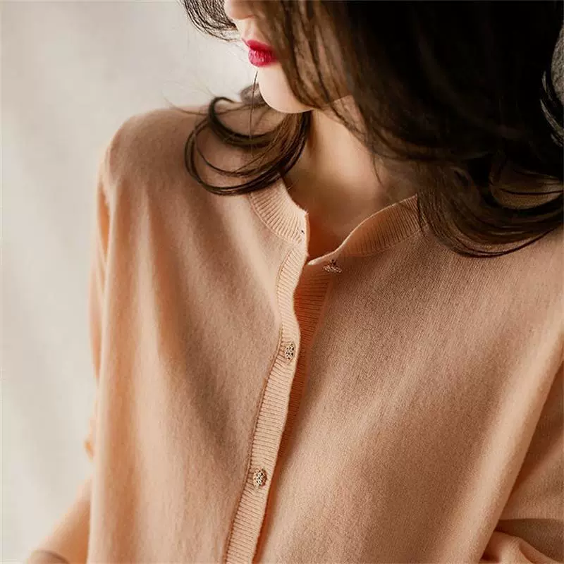 Cárdigan de punto con cuello redondo para mujer, otoño 2024, suéter tipo chal de manga larga, holgado y elegante para el trabajo y el día a día. Polvo de melocotón imagen 1
