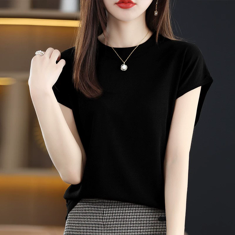 Camiseta de manga corta con cuello medio alto para mujer, top corto de lino tencel de verano, chaleco sin mangas de punto estilo nuevo 2024 Negro imagen 1