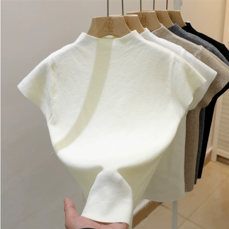 Camiseta gris de manga corta con cuello medio alto para mujer 2025 verano nuevo estilo delgado top de punto de alta gama Albaricoque imagen 1
