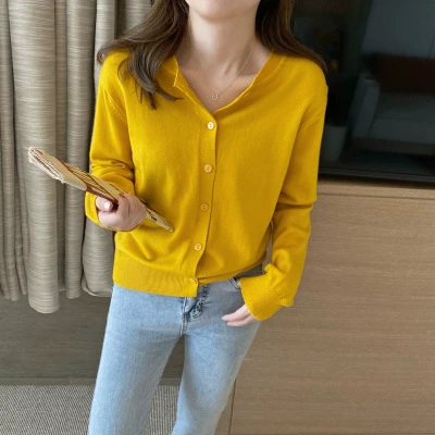Rebeca de punto abrigo para mujer primavera y otoño ropa exterior suéter fino primavera 2022 nuevo negro manga larga Otoño e Invierno top amarillo imagen 1