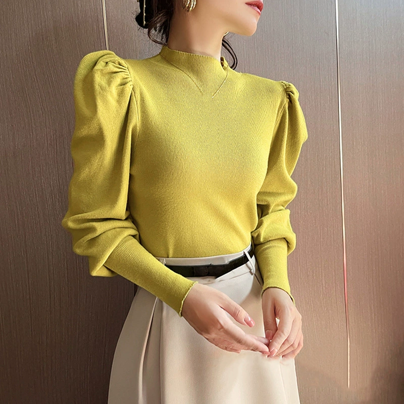 Nueva Colección Primavera/Otoño 2025 - Top de Punto con Cuello Alto y Manga Farol para Mujer, Capa Interior, Capa Base de Cuello Alto, Jersey, Prenda Exterior amarillo mostaza imagen 1