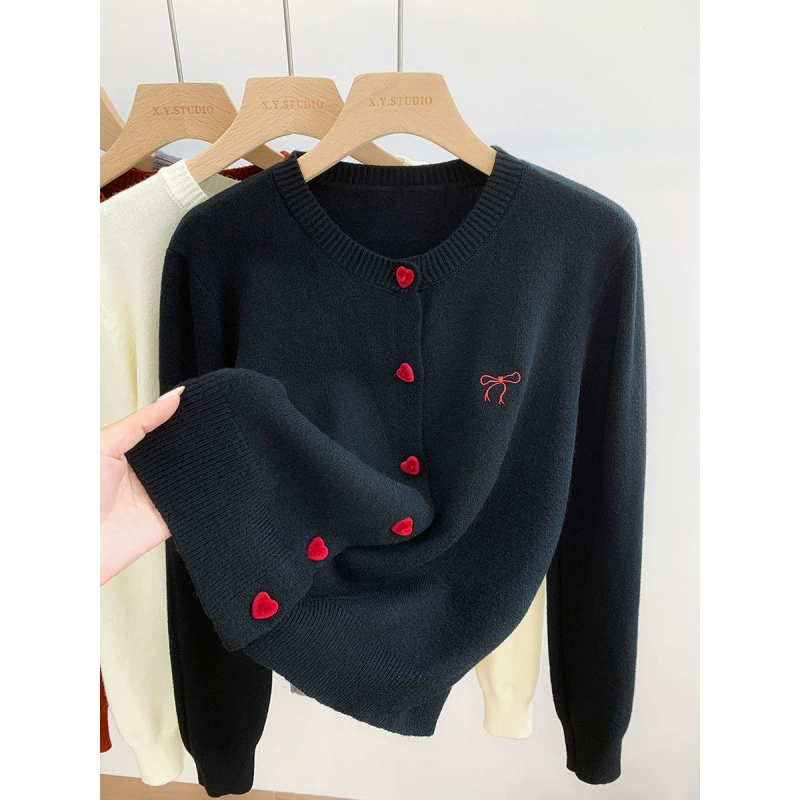 Cárdigan de punto de manga larga con lazo bordado para mujer, otoño/invierno 2025, camiseta base de capa interior, suéter, top corto negro imagen 1