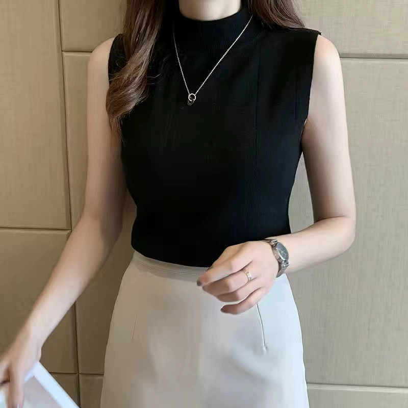 2023 verano nuevo bottoming camisa de verano de las mujeres Delgado suéter sin mangas suéter interior Chaleco corto superior Negro imagen 1