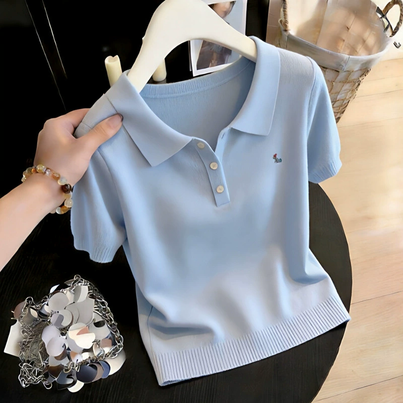 Top de punto de cuello polo de manga corta estilo coreano dulce para mujer, novedad de verano 2026 - El estilo de moda de este año azul imagen 1