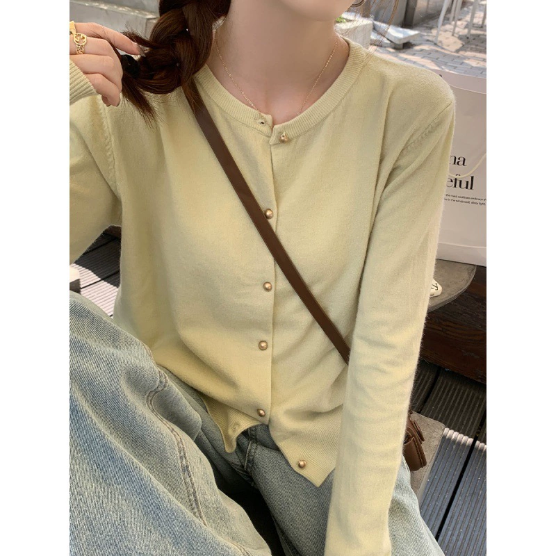 Cárdigan de punto gris para mujer 2024 - Prenda exterior de otoño, chaqueta suéter premium, top ligero de manga larga para principios de otoño verde claro imagen 1