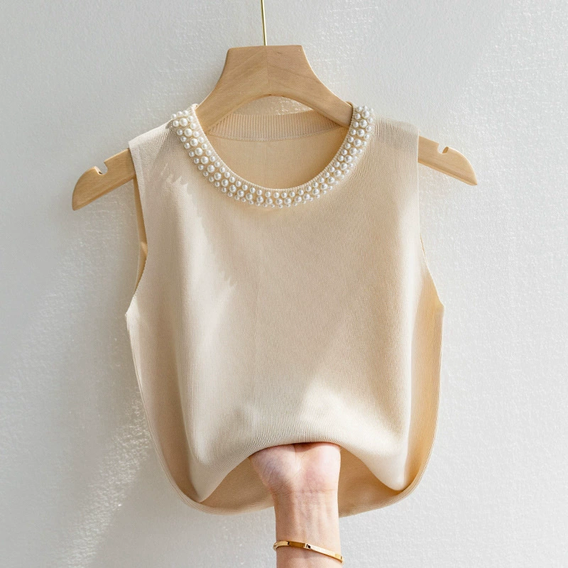 Camisola blanca sin mangas para mujer - Top para capas de primavera/otoño - Perfecto para usar debajo de blazer, con detalle de cuentas, top de punto inspirado en Chanel albaricoque imagen 1