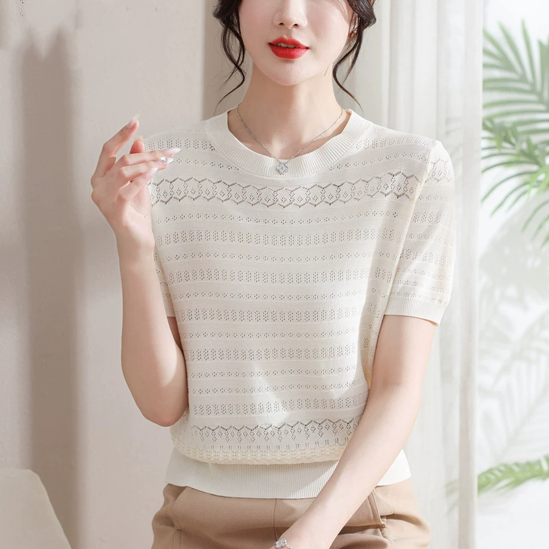 Suéter de manga corta de seda de hielo para mujer verano 2024 nuevo estilo cuello redondo diseño delgado sentido corto jacquard top camiseta para mujer Blanco imagen 1