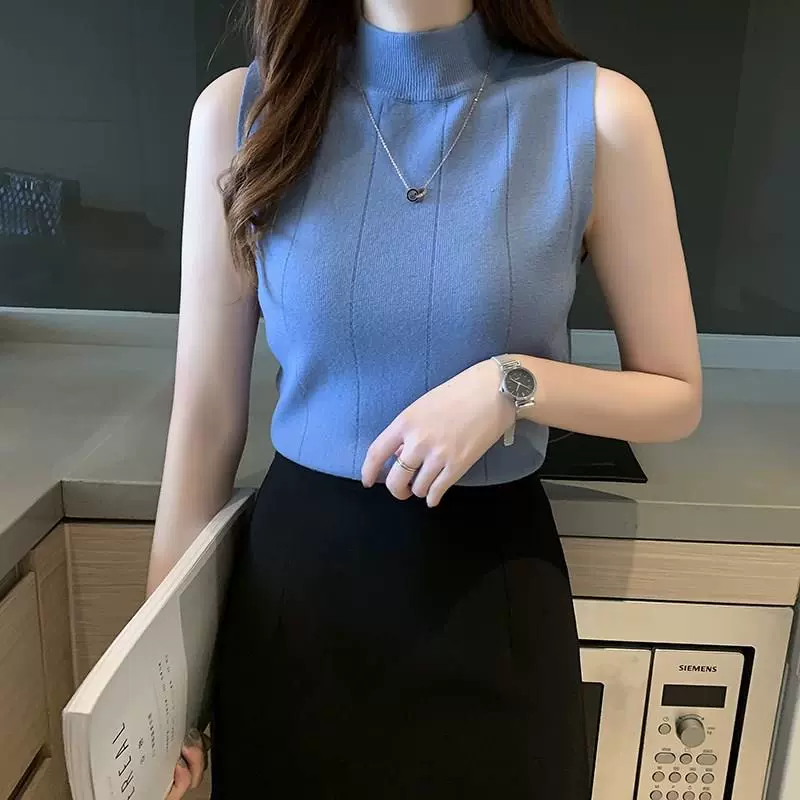 2023 verano nuevo bottoming camisa de verano de las mujeres Delgado suéter sin mangas suéter interior Chaleco corto superior Azul imagen 1