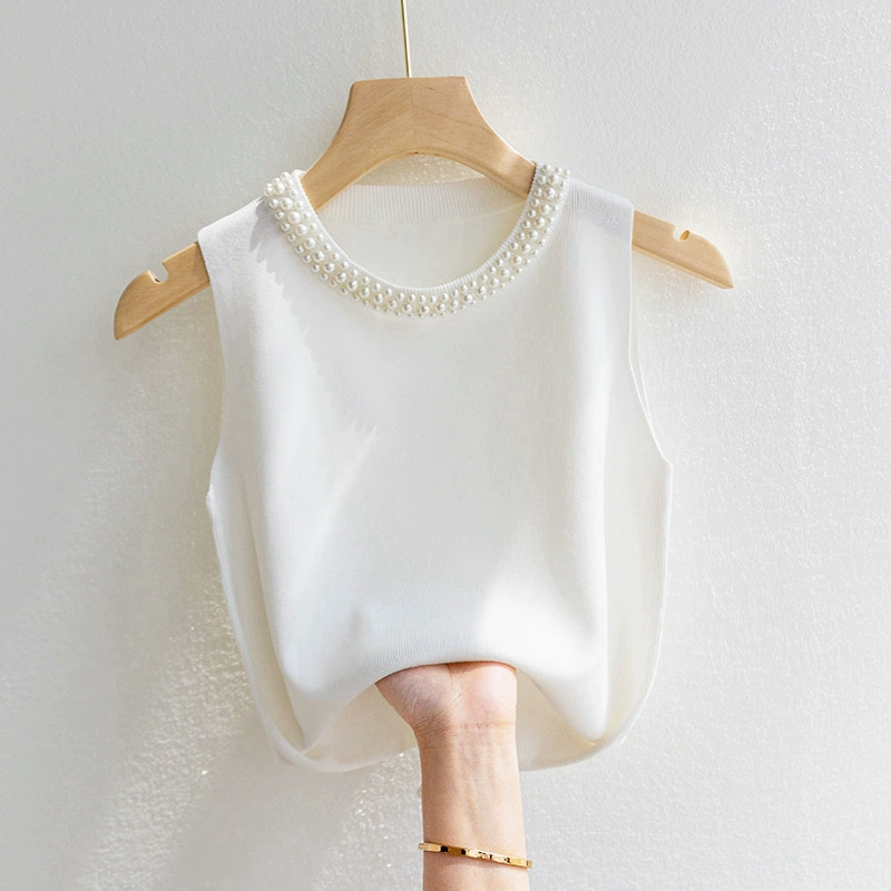 Camisola blanca sin mangas para mujer - Top para capas de primavera/otoño - Perfecto para usar debajo de blazer, con detalle de cuentas, top de punto inspirado en Chanel Blanco imagen 1