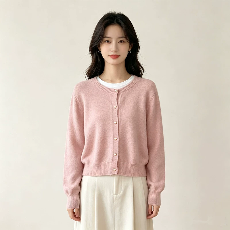 Cárdigan de punto con botones dorados en forma de corazón retro japonés y coreano - Prenda exterior elegante de otoño/invierno para mujer, top casual para capas interiores rosa imagen 1