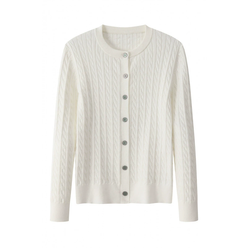 Cárdigan de mujer, cuello redondo, manga larga, corto, otoño-invierno 2026, nueva colección, corte holgado, efecto adelgazante, punto trenzado, suéter. Blanco imagen 1