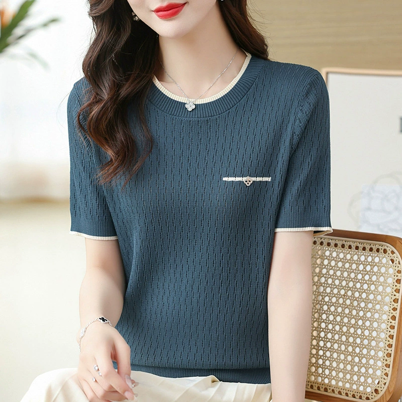 Camiseta de manga corta de seda de hielo de verano para mujer suéter delgado de media manga con cuello redondo estilo occidental que adelgaza la camisa de fondo Azul imagen 1