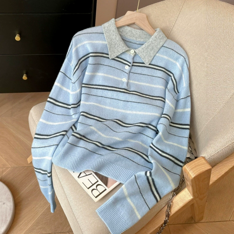 Polo de punto a rayas para mujer, diseño color block, nueva colección Otoño/Invierno 2025, corte holgado, jersey estilizador, suéter oversize. azul imagen 1