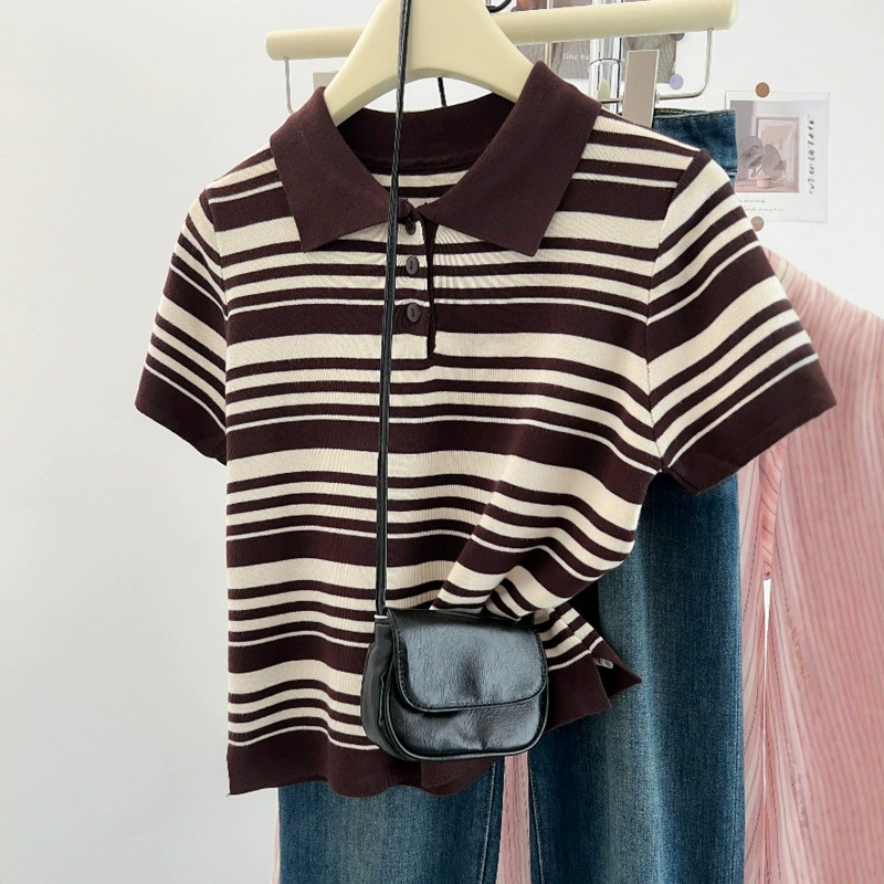 Polo de rayas marrones retro de punto de manga corta mujer 2025 verano nicho suelto de todo fósforo solapa top de hombro Rayas marrones imagen 1