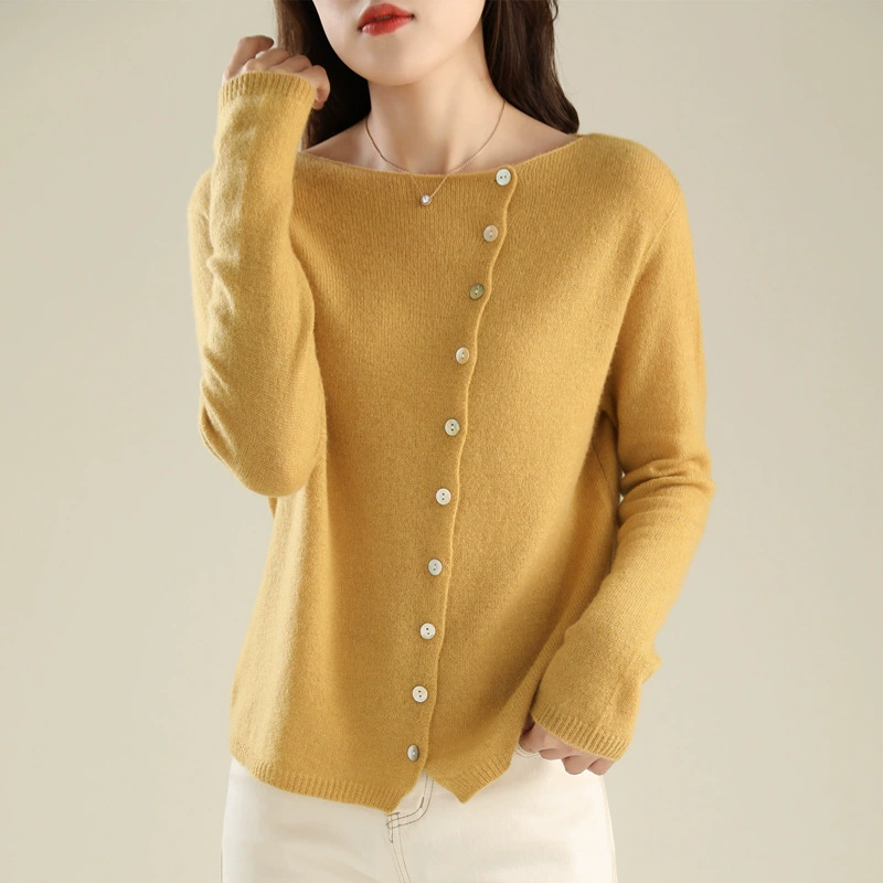 Cárdigan de diseño único para mujer, otoño 2024, de un solo botón, cuello redondo bajo, tejido fino, manga larga Hoja de arce amarillo imagen 1