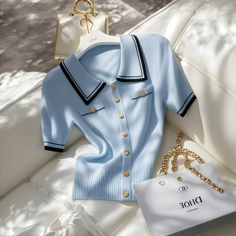 Camiseta de manga corta con cuello POLO azul de fragancia pequeña para mujer 2025 verano nuevo estilo de alta gama top de punto de contraste único Azul imagen 1