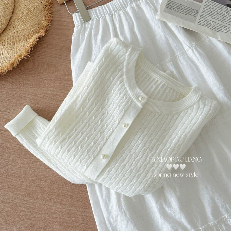 Cárdigan de punto trenzado de color liso estilo coreano premium - Nueva llegada de primavera para mujer, antiedad, top de manga larga de ajuste holgado Blanco imagen 1