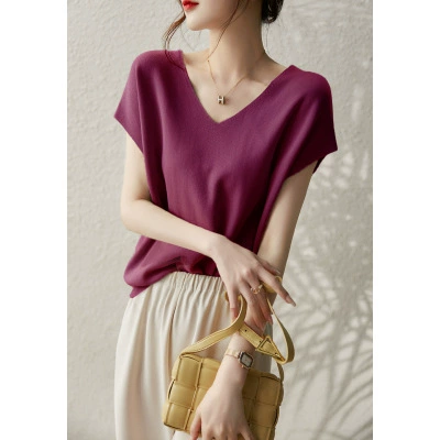 2024 verano nuevo estilo de algodón de acetato seco morado manga de murciélago estilo fino seda de hielo moda delgado delgado suéter de estilo occidental morado oscuro imagen 1