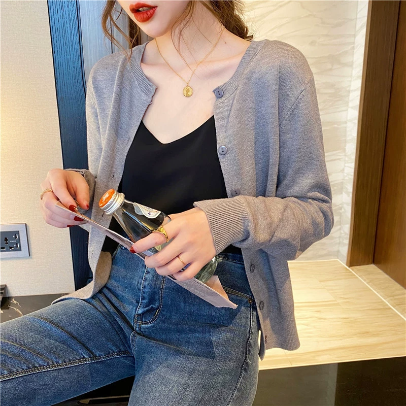 Rebeca de punto abrigo para mujer primavera y otoño ropa exterior suéter fino primavera 2022 nuevo negro manga larga Otoño e Invierno top Gris imagen 1