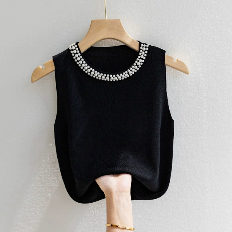 Camisola blanca sin mangas para mujer - Top para capas de primavera/otoño - Perfecto para usar debajo de blazer, con detalle de cuentas, top de punto inspirado en Chanel negro imagen 1