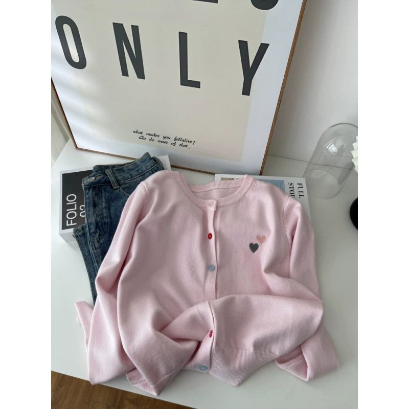 Cárdigan de punto bordado estilo Dopamine Academy - Nueva prenda exterior suave y gruesa de otoño/invierno para mujer, con botones, corte holgado y versátil rosa imagen 1