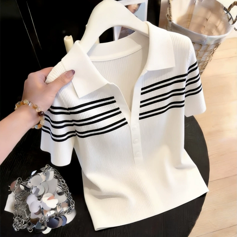 Polo de manga corta para mujer, colección primavera/verano 2026 - Nuevo diseño, corte premium, top de punto a rayas de manga corta. Blanco imagen 1