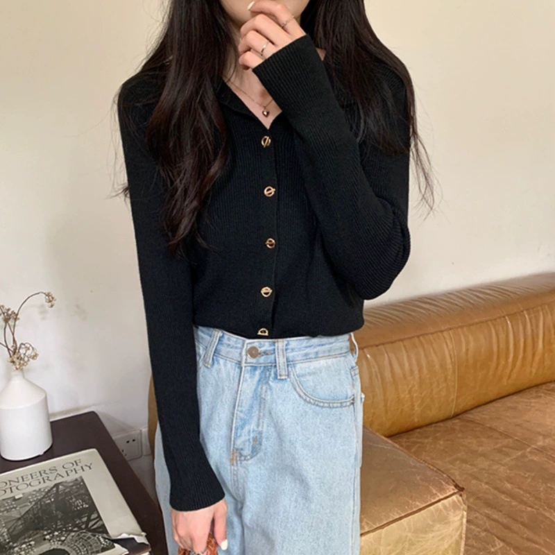 Camisa básica con cuello polo para mujer, primavera y otoño, diseño ajustado, suéter tipo cárdigan, top de punto, top de principios de primavera para ir al trabajo. Negro imagen 1