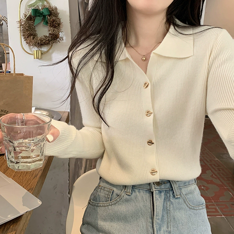 Camisa básica con cuello polo para mujer, primavera y otoño, diseño ajustado, suéter tipo cárdigan, top de punto, top de principios de primavera para ir al trabajo. Albaricoque imagen 1