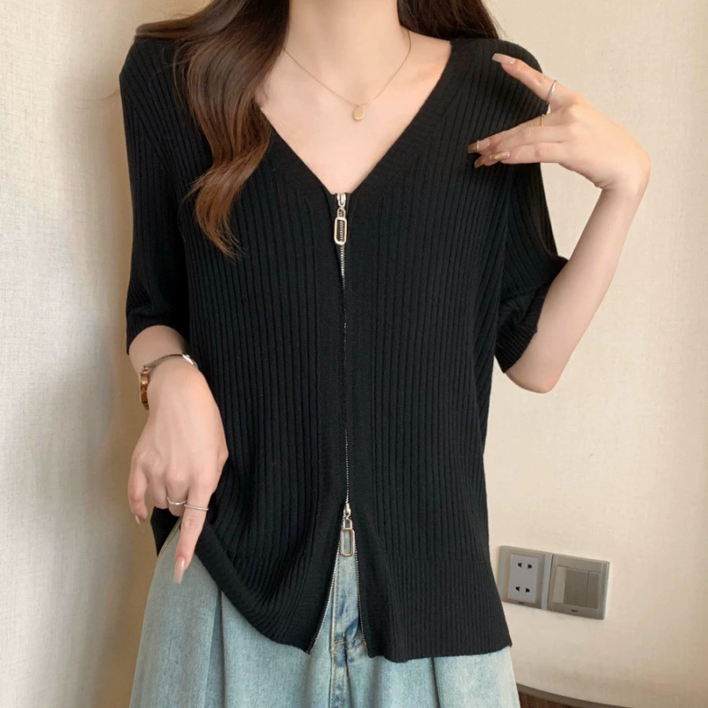 Top de punto ligero de seda helada de manga corta para mujer - Talla grande de verano, control de abdomen, adelgazante, camiseta con cremallera y cuello en V negro imagen 1
