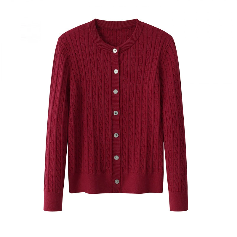 Cárdigan de mujer, cuello redondo, manga larga, corto, otoño-invierno 2026, nueva colección, corte holgado, efecto adelgazante, punto trenzado, suéter. Vino tinto imagen 1