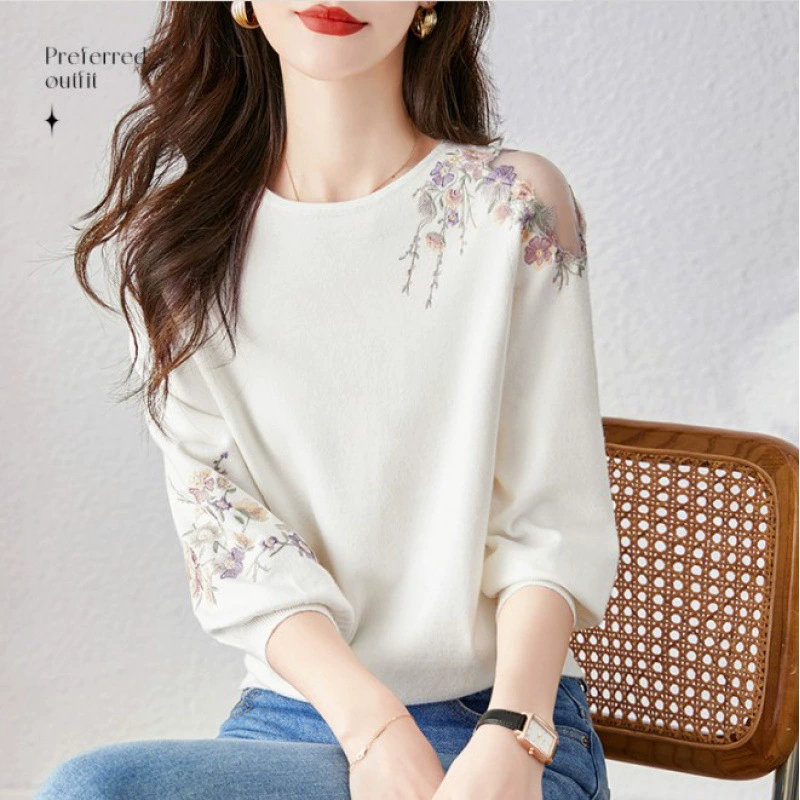 Suéter de punto calado con manga tres cuartos, otoño 2024, para mujer, con estampado floral fresco, corte ajustado, cuello redondo, elegante y grácil. Color de imagen imagen 1