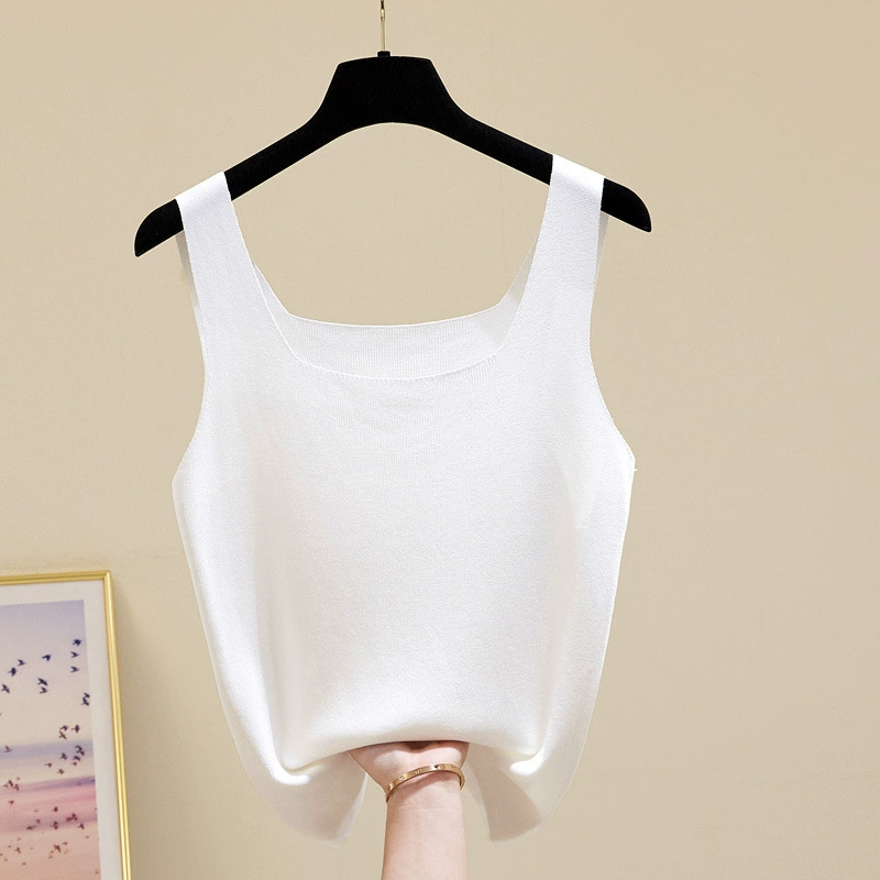 Camisola de seda helada para mujer, ideal como prenda interior para cubrir los costados del busto. También perfecta como prenda exterior. Elegante top sin mangas con cuello cuadrado en forma de "I", tejido de punto, ideal para el verano. Blanco imagen 1